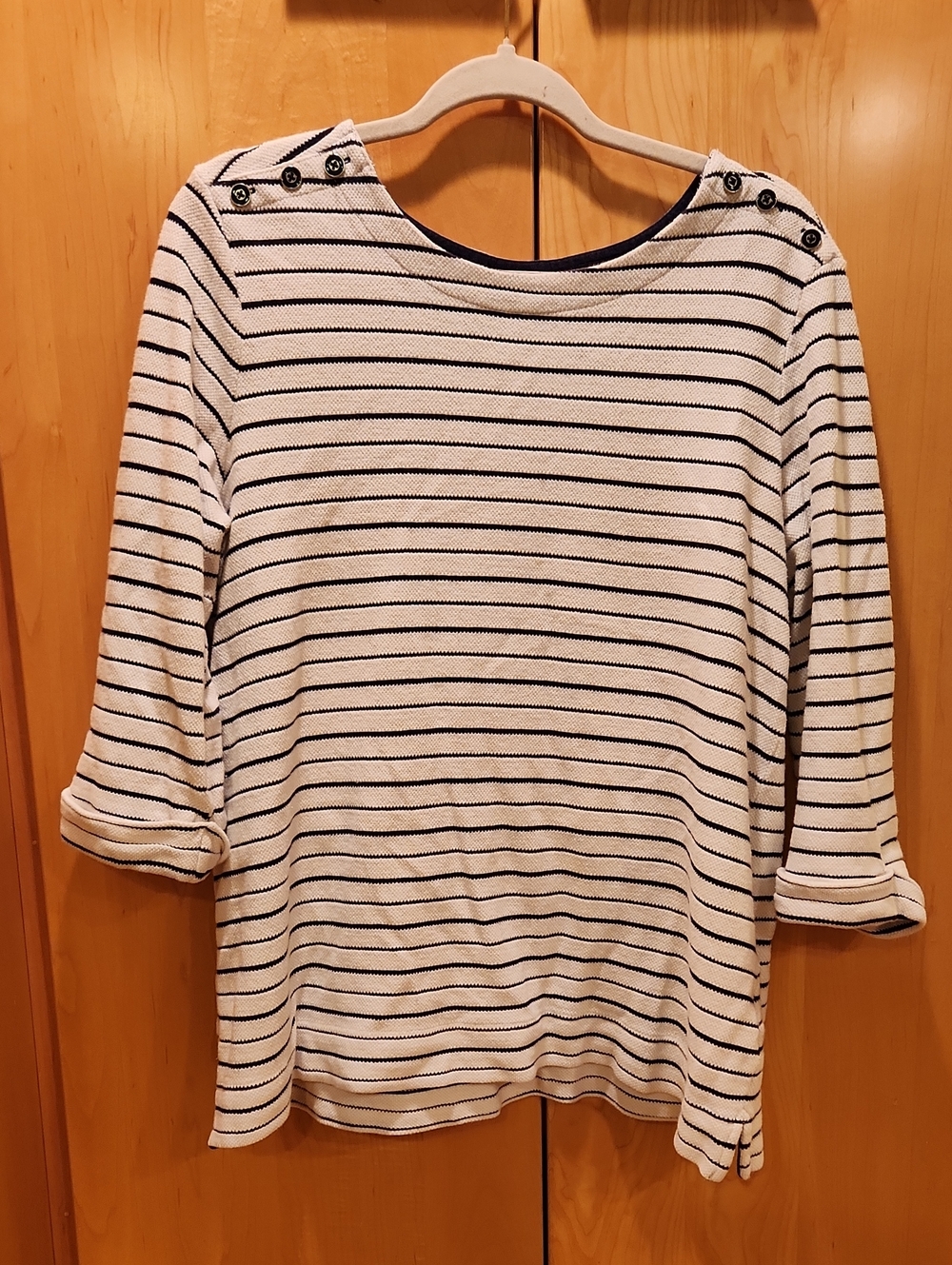 croft & barrow White and Navy Striped Boatneck Top with Shoulder Buttons